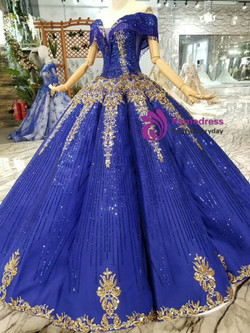 Shop 2019 Long & Short Royal Blue Sequins Off The Shoulder Gold Sequins Appliques Wedding Dress With Beading With Factory Price From Kemedress