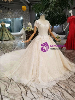 Shop 2019 Long & Short Tulle Sequins Short Sleeve Appliques Champagne Wedding Dress With Beading With Factory Price From Kemedress