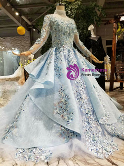 Shop 2019 Long & Short Blue Ball Gown Tulle High Neck Long Sleeve Embroidery Appliques Wedding Dress With Factory Price From Kemedress