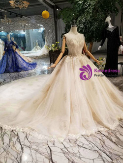 Shop 2019 Long & Short Champagne Tulle Sweetheart Appliques Wedding Dress With Beading With Factory Price From Kemedress