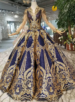 Shop 2019 Long & Short Blue Ball Gown Sequins Gold Sequins Appliques V-neck Long Sleeve Wedding Dress With Factory Price From Kemedress