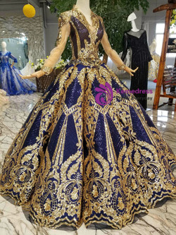 Shop 2019 Long & Short Blue Ball Gown Sequins Gold Sequins Appliques V-neck Long Sleeve Wedding Dress With Factory Price From Kemedress