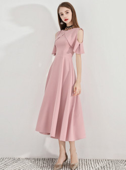 Shop 2019 Long & Short In Stock:Ship in 48 Hours Pink Satin Cold Shoulder Prom Dress With Factory Price From Kemedress