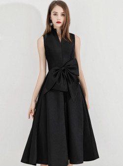 Shop 2019 Long & Short In Stock:Ship in 48 Hours Black Satin High Neck Prom Dress With Bow With Factory Price From Kemedress