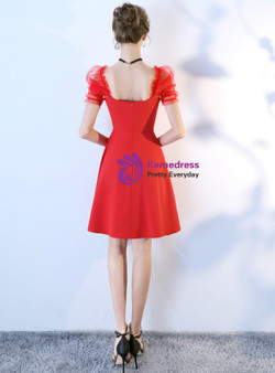 Shop 2019 Long & Short In Stock:Ship in 48 Hours A-Line Red Satin Puff Sleeve Homecoming Dress With Factory Price From Kemedress