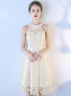 Shop 2019 Long & Short  In Stock:Ship in 48 Hours Champagne Lace Halter Homecoming Dress With Factory Price From Kemedress