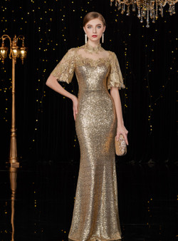 Shop 2019 Long & Short Gold Mermaid Sequins High Neck Short Sleeve Long Mother Of The Bride Dress With Factory Price From Kemedress