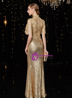 Shop 2019 Long & Short Gold Mermaid Sequins High Neck Short Sleeve Long Mother Of The Bride Dress With Factory Price From Kemedress