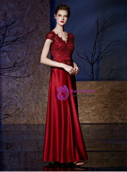 Shop 2019 Long & Short A-Line Burgundy  Satin Lace V-neck Cap Sleeve Mother Of The Bride Dress With Factory Price From Kemedress