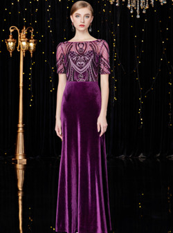 Shop 2019 Long & Short Sheath Purple Velvet Short Sleeve Long Mother Of The Bride Dress With Crystal With Factory Price From Kemedress