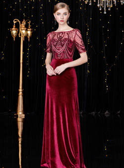 Shop 2019 Long & Short Sheath Burgundy Velvet Short Sleeve Long Mother Of The Bride Dress With Crystal With Factory Price From Kemedress