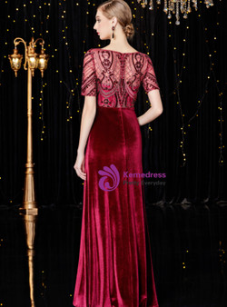 Shop 2019 Long & Short Sheath Burgundy Velvet Short Sleeve Long Mother Of The Bride Dress With Crystal With Factory Price From Kemedress