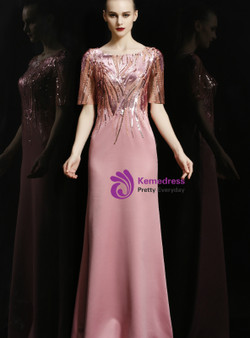 Shop 2019 Long & Short Pink Satin Short Sleeve Sequins Long Mother Of The Bride Dress With Factory Price From Kemedress