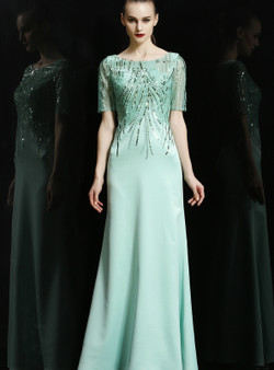 Shop 2019 Long & Short Green Satin Short Sleeve Sequins Long Mother Of The Bride Dress With Factory Price From Kemedress