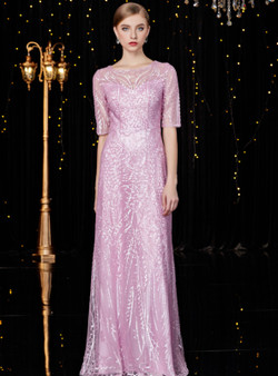 Shop 2019 Long & Short A-Line Pink Tulle Sequins Short Sleeve Long Mother Of The Bride Dress With Factory Price From Kemedress