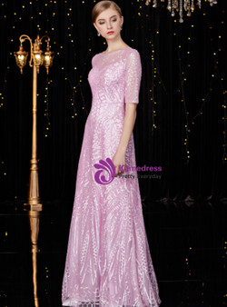 Shop 2019 Long & Short A-Line Pink Tulle Sequins Short Sleeve Long Mother Of The Bride Dress With Factory Price From Kemedress