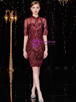Shop 2019 Long & Short Burgundy Sheath Embroidery Sequins High Neck Short Sleeve Mother Of The Bride Dress With Factory Price From Kemedress