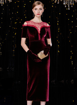 Shop 2019 Long & Short Burgundy Velvet Sheath Cold Shoulder Short Sleeve Tea Length Mother Of The Bride Dress With Factory Price From Kemedress
