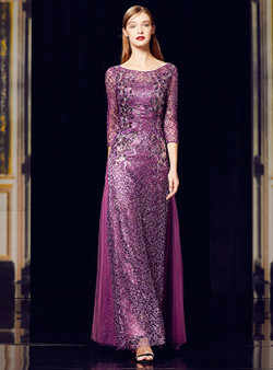 Shop 2019 Long & Short A-Line Purple Sequins Tulle 3/4 Sleeve Appliques Long Mother Of The Bride Dress With Factory Price From Kemedress
