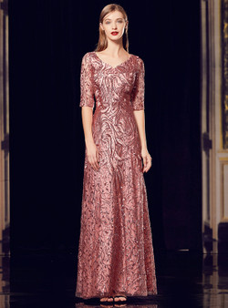 Shop 2019 Long & Short A-Line Pink Sequins V-neck Half Sleeve Long Mother Of The Bride Dress With Factory Price From Kemedress