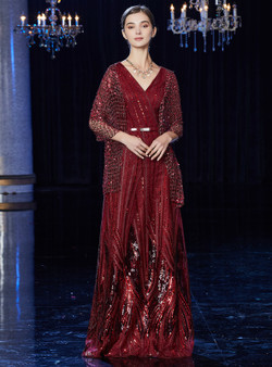 Shop 2019 Long & Short A-Line Burgundy Tulle V-neck Half Sleeve Mother Of The Bride Dress With Sash With Factory Price From Kemedress