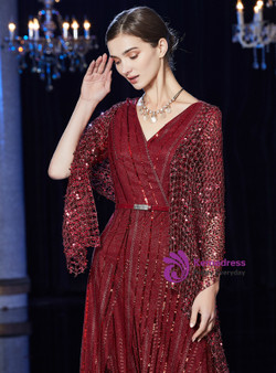 Shop 2019 Long & Short A-Line Burgundy Tulle V-neck Half Sleeve Mother Of The Bride Dress With Sash With Factory Price From Kemedress