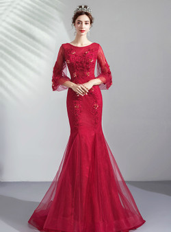 Shop 2019 Long & Short In Stock:Ship in 48 Hours Ready To Ship Red Mermaid Tulle Appliques Half Sleeve Prom Dress With Factory Price From Kemedress