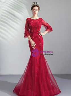 Shop 2019 Long & Short In Stock:Ship in 48 Hours Ready To Ship Red Mermaid Tulle Appliques Half Sleeve Prom Dress With Factory Price From Kemedress