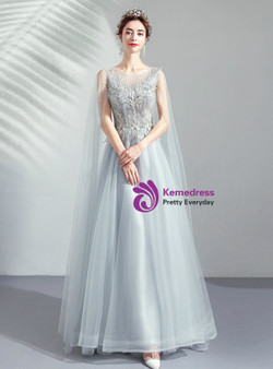 Shop 2019 Long & Short In Stock:Ship in 48 Hours Ready To Ship Gray Tulle Appliques Prom Dress With Factory Price From Kemedress