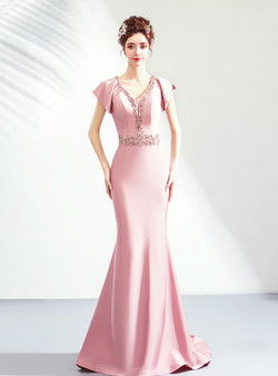 Shop 2019 Long & Short In Stock:Ship in 48 Hours Pink Satin mermaid V-neck Prom Dress With Crystal With Factory Price From Kemedress