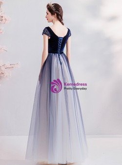 Shop 2019 Long & Short In Stock:Ship in 48 Hours Blue Tulle Velvet Bateau Cap Sleeve Prom Dress With Factory Price From Kemedress