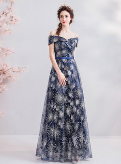 Shop 2019 Long & Short In Stock:Ship in 48 Hours Blue Tulle Sequins Off The Shoulder Prom Dress With Factory Price From Kemedress