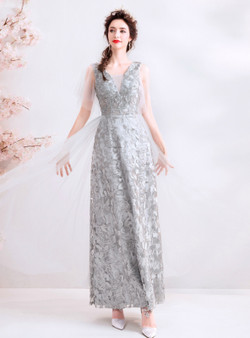 Shop 2019 Long & Short In Stock:Ship in 48 Hours Gray Tulle Lace V-neck Long Prom Dress With Factory Price From Kemedress