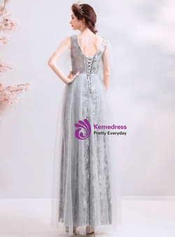 Shop 2019 Long & Short In Stock:Ship in 48 Hours Gray Tulle Lace V-neck Long Prom Dress With Factory Price From Kemedress