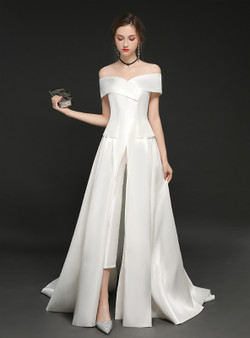 Shop 2019 Long & Short In Stock:Ship in 48 Hours White Satin Off The Shoulder Trouser Skirt With Factory Price From Kemedress