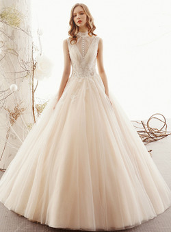 Shop 2019 Long & Short Champagne Ball Gown Tulle High Neck Backless Floor Length Wedding Dress With Factory Price From Kemedress