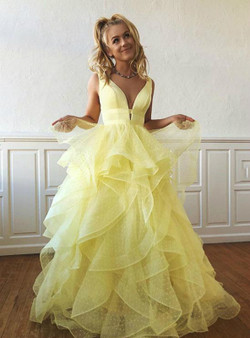 Shop 2019 Long & Short Formal A-Line Yellow Tulle Deep V-neck Long Prom Dress With Factory Price From Kemedress