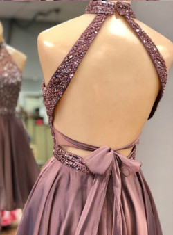 Shop 2019 Long & Short A-Line Purple Satin High Neck Backless Homecoming Dress With Beading With Factory Price From Kemedress