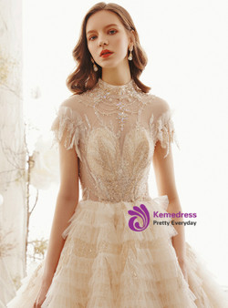 Shop 2019 Long & Short Champagne Ball Gown Tulle Lace High Neck Backless Wedding Dress With Beading With Factory Price From Kemedress