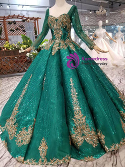 Shop 2019 Long & Short Green Ball Gown Sequins Long Sleeve Square Neck Colorful Wedding Dress With Factory Price From Kemedress