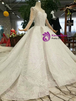 Shop 2019 Long & Short Light Champagne Tulle Sequins Bateau Long Sleeve Wedding Dress With Beading With Factory Price From Kemedress