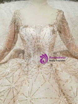 Shop 2019 Long & Short Champagne Ball Gown Sequins Square Long Sleeve Beading Wedding Dress With Long Train With Factory Price From Kemedress