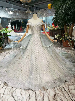 Shop 2019 Long & Short Silver Gray Ball Gown Tulle Sequins Off The Shoulder Wedding Dress With Long Train With Factory Price From Kemedress