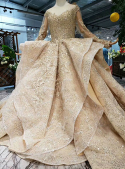 Shop 2019 Long & Short Luxury Champagne Gold Sequins Long Sleeve Appliques Wedding Dress  With Factory Price From Kemedress