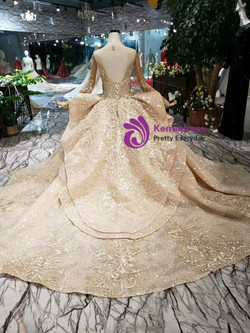 Shop 2019 Long & Short Luxury Champagne Gold Sequins Long Sleeve Appliques Wedding Dress  With Factory Price From Kemedress
