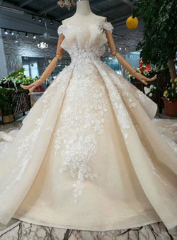 Shop 2019 Long & Short Champagne Tulle Appliques Off The Shoulder Wedding Dress With Long Train With Factory Price From Kemedress