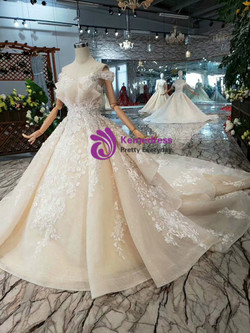 Shop 2019 Long & Short Champagne Tulle Appliques Off The Shoulder Wedding Dress With Long Train With Factory Price From Kemedress