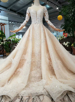 Shop 2019 Long & Short Ball Gown Tulle Sequins Long Sleeve Lace Appliques Wedding Dress With Feather With Factory Price From Kemedress