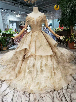 Shop 2019 Long & Short Champagne Gold Ball Gown Sequins Off the Shoulder Beading Wedding Dress With Factory Price From Kemedress