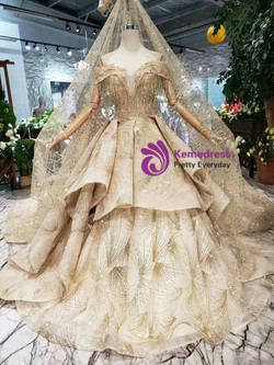 Shop 2019 Long & Short Champagne Gold Ball Gown Sequins Off the Shoulder Beading Wedding Dress With Factory Price From Kemedress